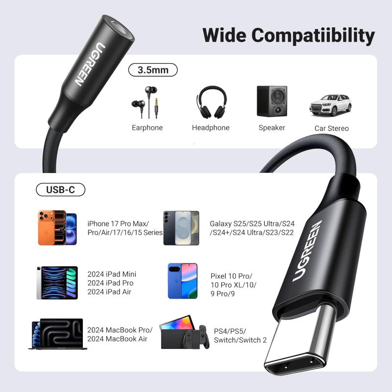 UGREEN USB-C MALE to 3.5MM Female Audio Adapter 24bit/96kHz HiFi DAC Sound Quality - AV161 50631