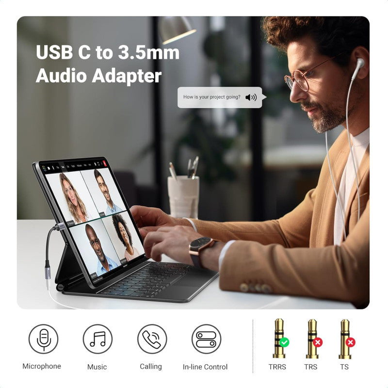 UGREEN USB-C MALE to 3.5MM Female Audio Adapter 24bit/96kHz HiFi DAC Sound Quality - AV161 80154