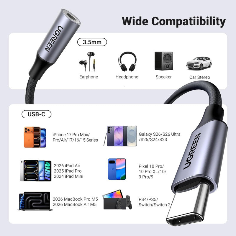 UGREEN USB-C MALE to 3.5MM Female Audio Adapter 24bit/96kHz HiFi DAC Sound Quality - AV161 80154