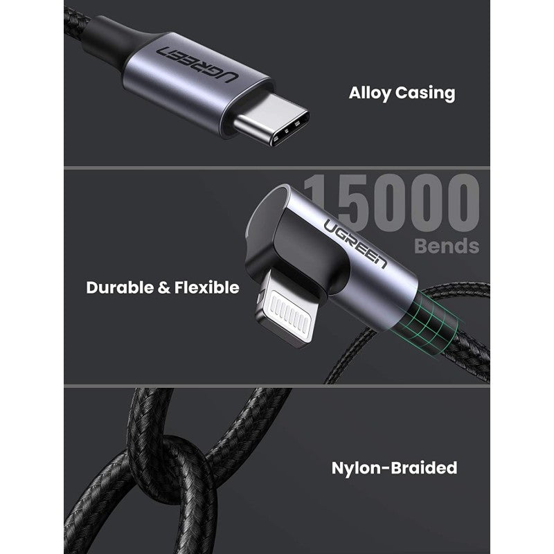 UGREEN USB-C to Angled Lightning Braided Cable & Aluminum Body, MFI Apple Certified, Fast Charging, 2M - US305 60765
