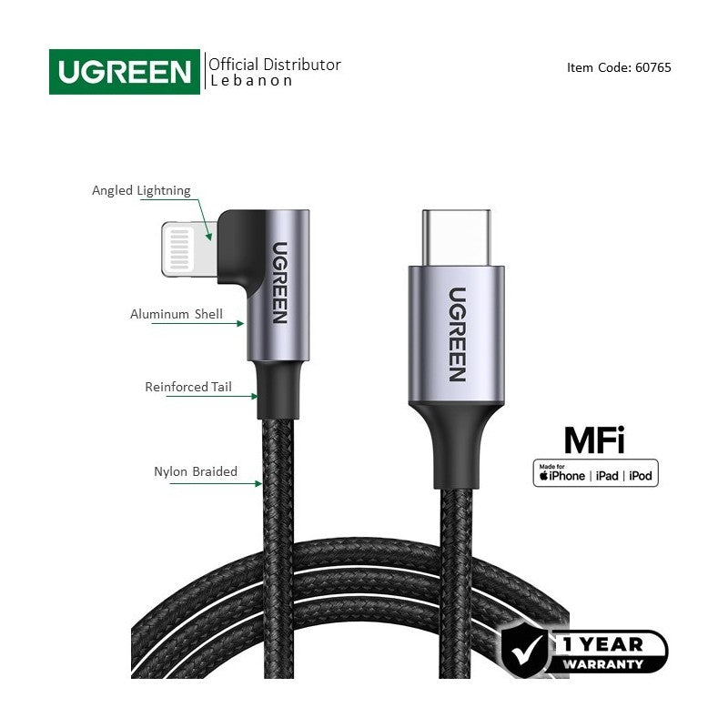 UGREEN USB-C to Angled Lightning Braided Cable & Aluminum Body, MFI Apple Certified, Fast Charging, 2M - US305 60765