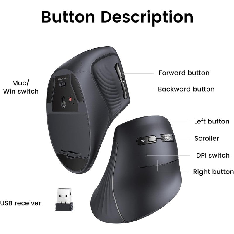UGREEN Vertical Mouse, Dual Mode Bluetooth & Wireless Mouse, Silent Click, 4000DPI - MU008 25444 45759